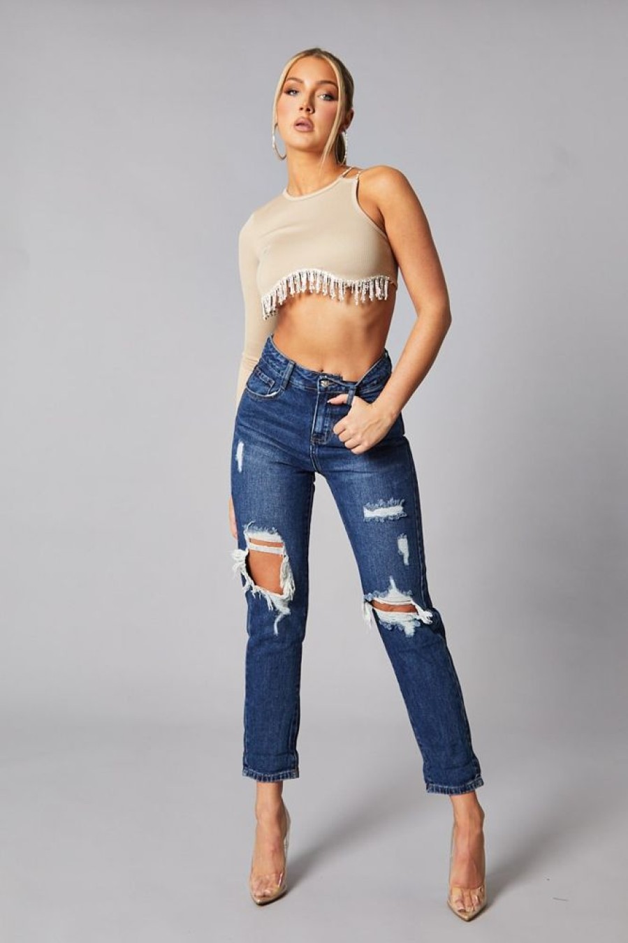 Clothing Rebellious Fashion | Dark Blue Distressed Straight Leg Jeans - Nikia