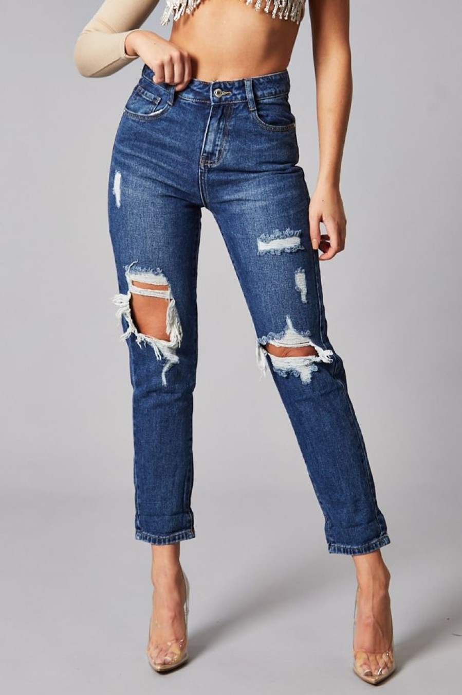 Clothing Rebellious Fashion | Dark Blue Distressed Straight Leg Jeans - Nikia