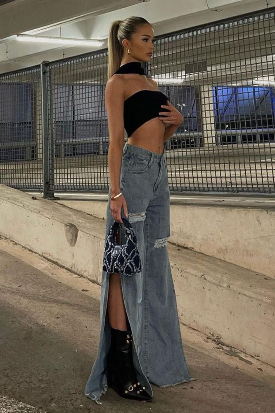 Clothing Rebellious Fashion | Blue Distressed Side Slit Wide Leg Jeans - Della