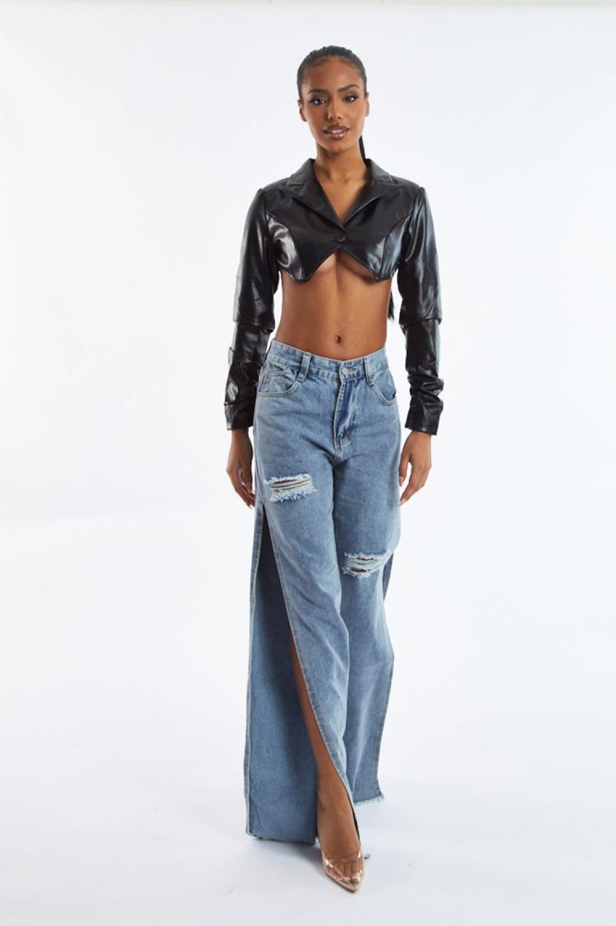 Clothing Rebellious Fashion | Blue Distressed Side Slit Wide Leg Jeans - Della