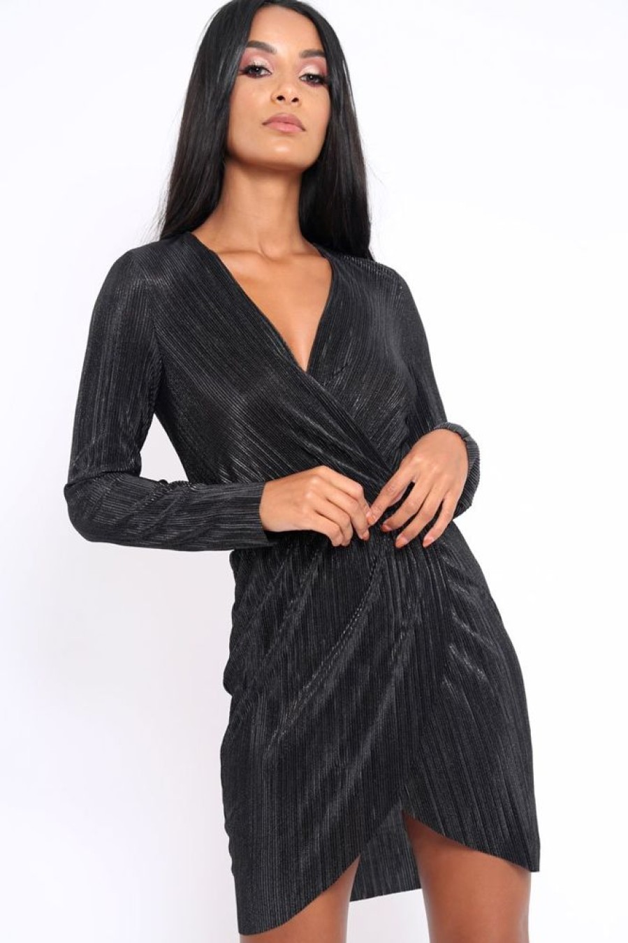 Clothing Rebellious Fashion | Black Metallic Wrap Front Dress - Angie