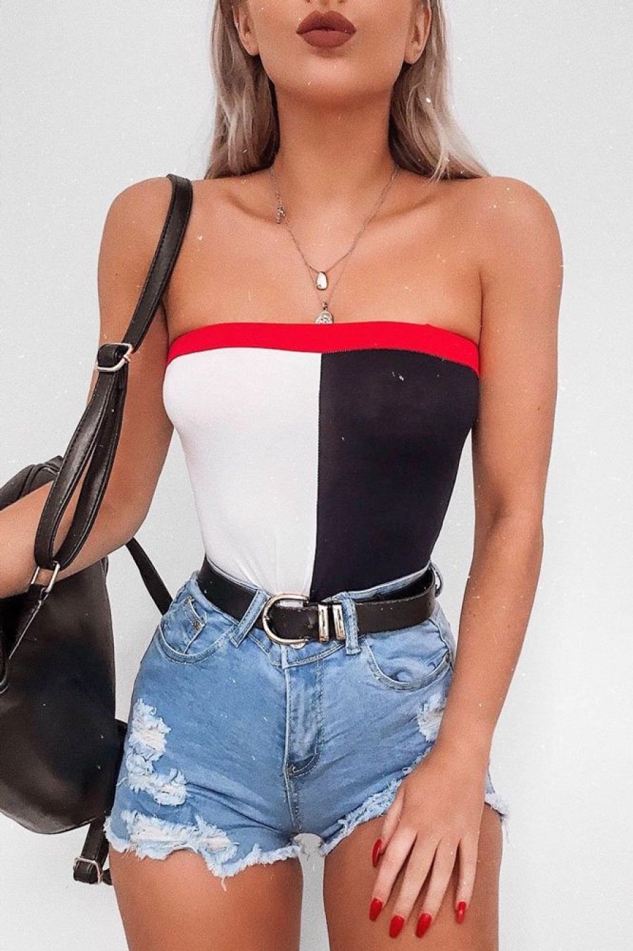 Clothing Rebellious Fashion | Navy White And Red Colour Block Bandeau Bodysuit - Breta