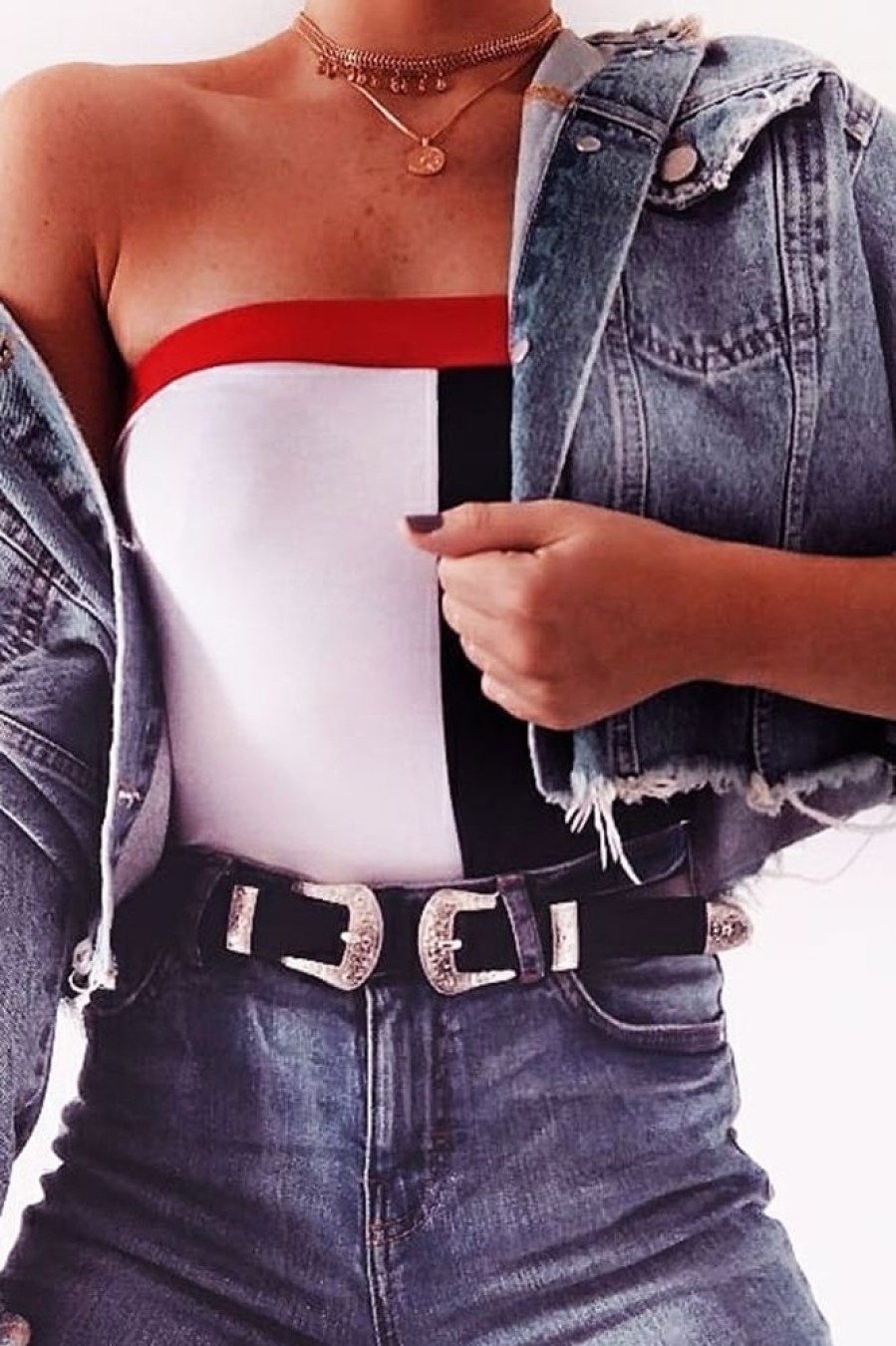 Clothing Rebellious Fashion | Navy White And Red Colour Block Bandeau Bodysuit - Breta