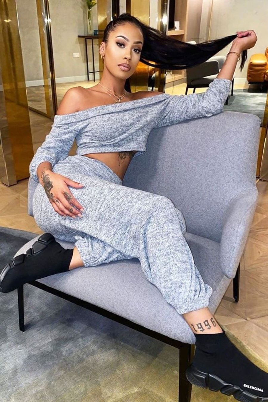 Clothing Rebellious Fashion | Grey Knitted Bardot Top And Oversized Joggers Loungewear Co-Ord - Lorel