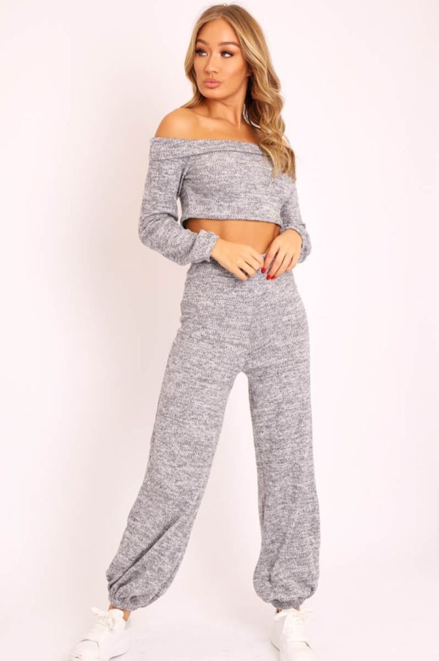 Clothing Rebellious Fashion | Grey Knitted Bardot Top And Oversized Joggers Loungewear Co-Ord - Lorel