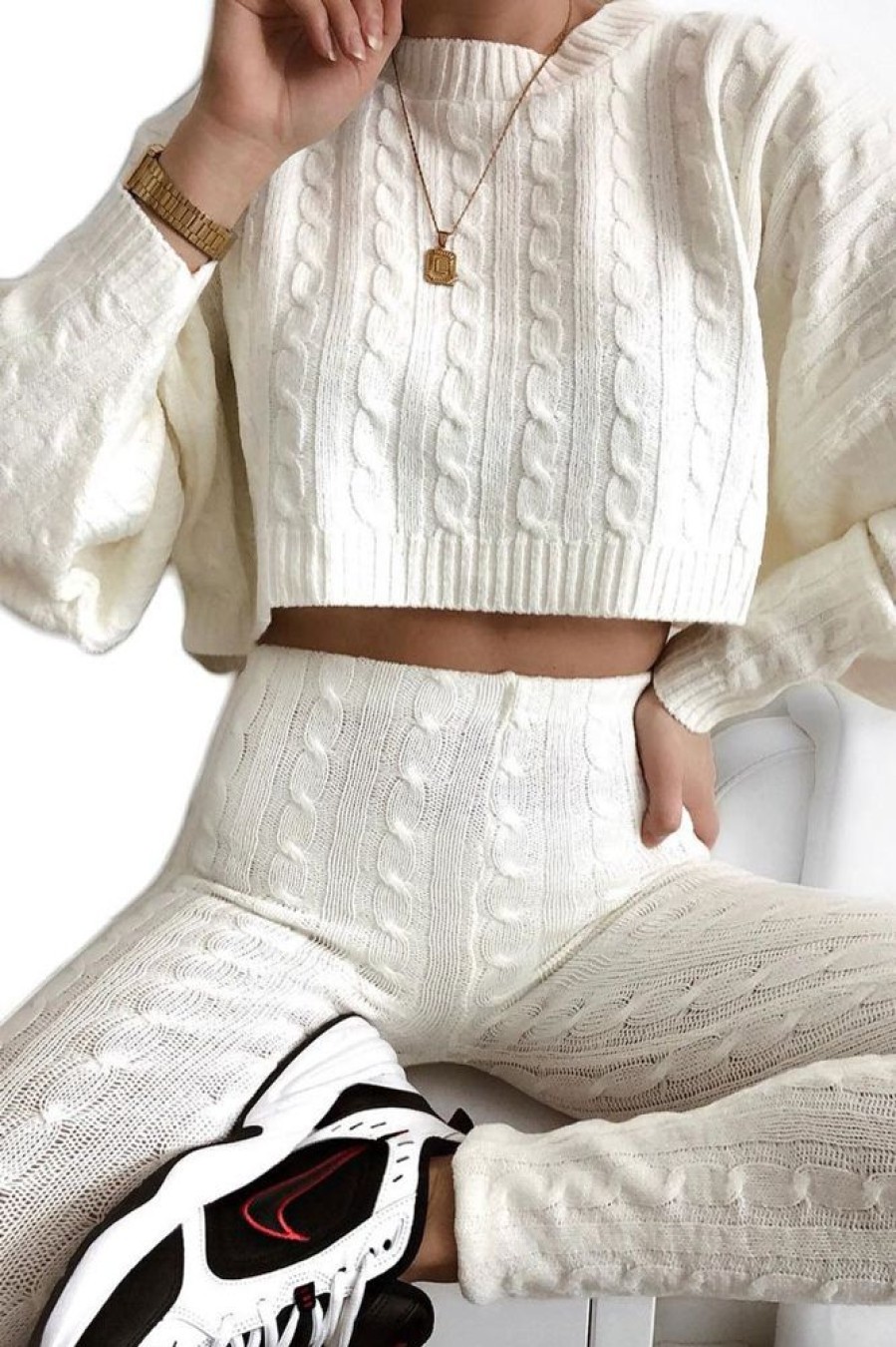 Clothing Rebellious Fashion | Cream Cable Knit Batwing Jumper Loungwear Set - Janea