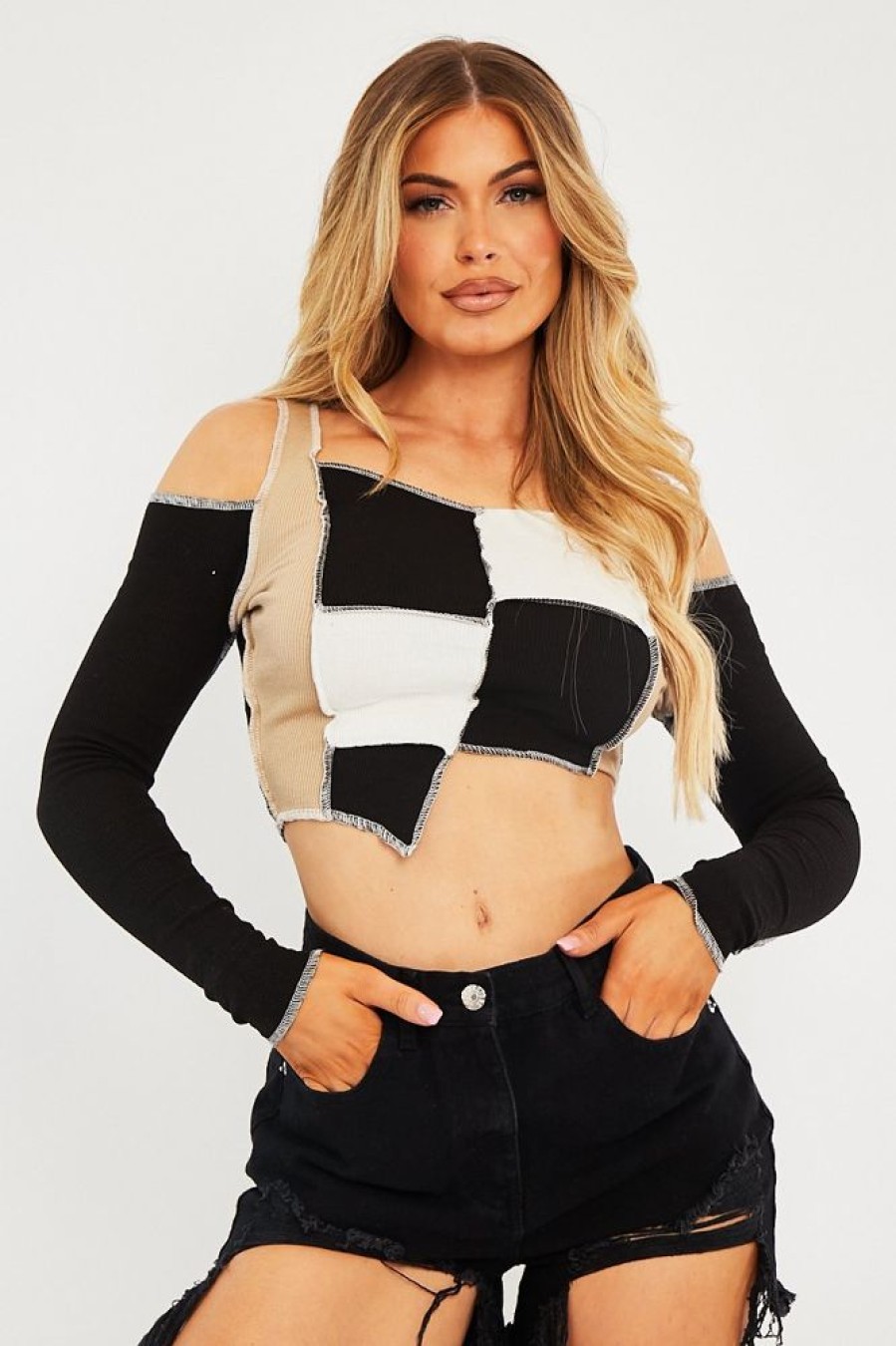 Clothing Rebellious Fashion | Camel Colour Block Off Shoulder Crop Top - Lanae