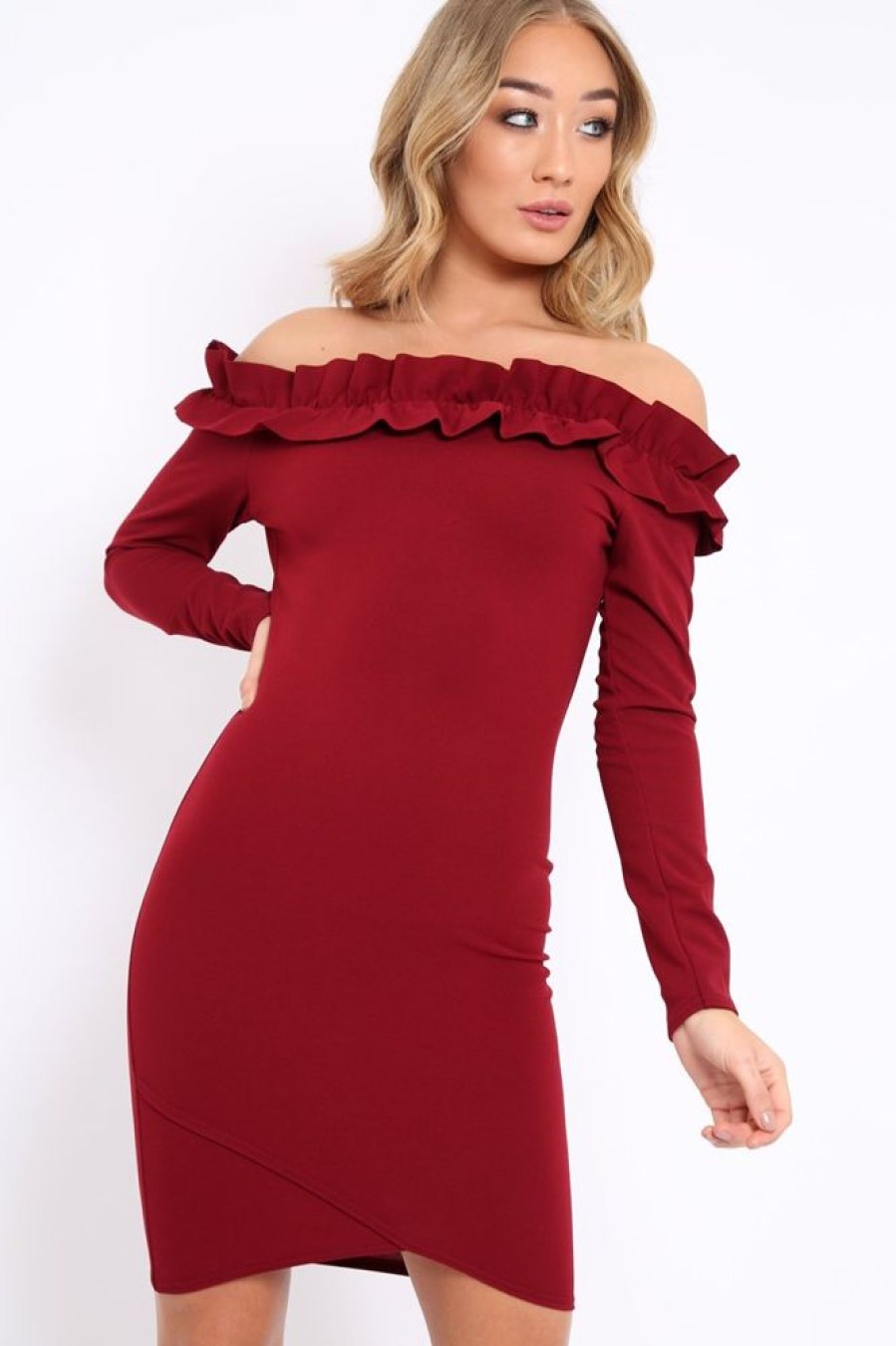 Clothing Rebellious Fashion | Wine Ruffle Bardot Bodycon Dress - Alix