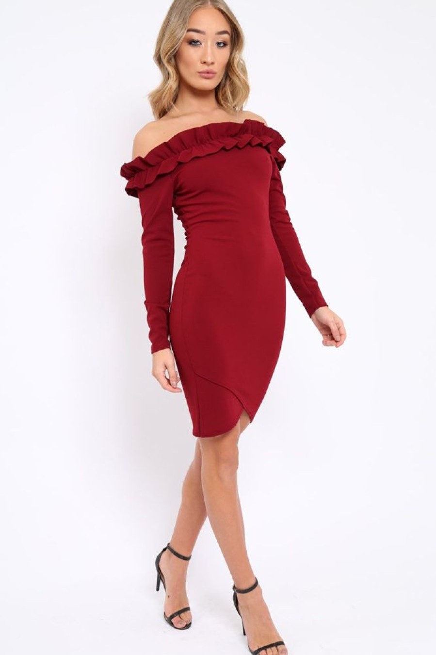 Clothing Rebellious Fashion | Wine Ruffle Bardot Bodycon Dress - Alix