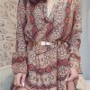 Clothing Rebellious Fashion | Brown And Red Snake Print Plunge Flute Sleeve Shift Dress - Olesya