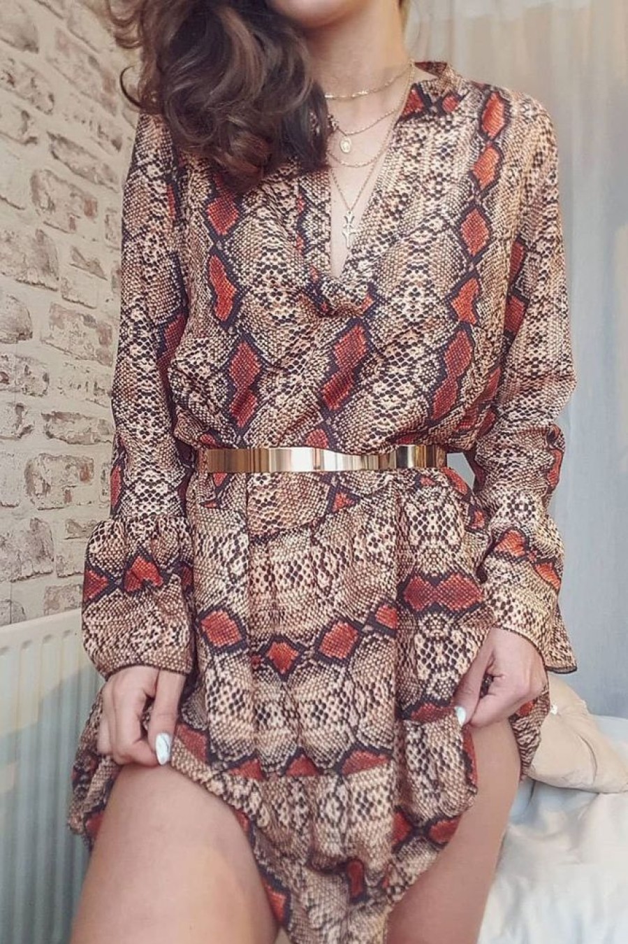 Clothing Rebellious Fashion | Brown And Red Snake Print Plunge Flute Sleeve Shift Dress - Olesya