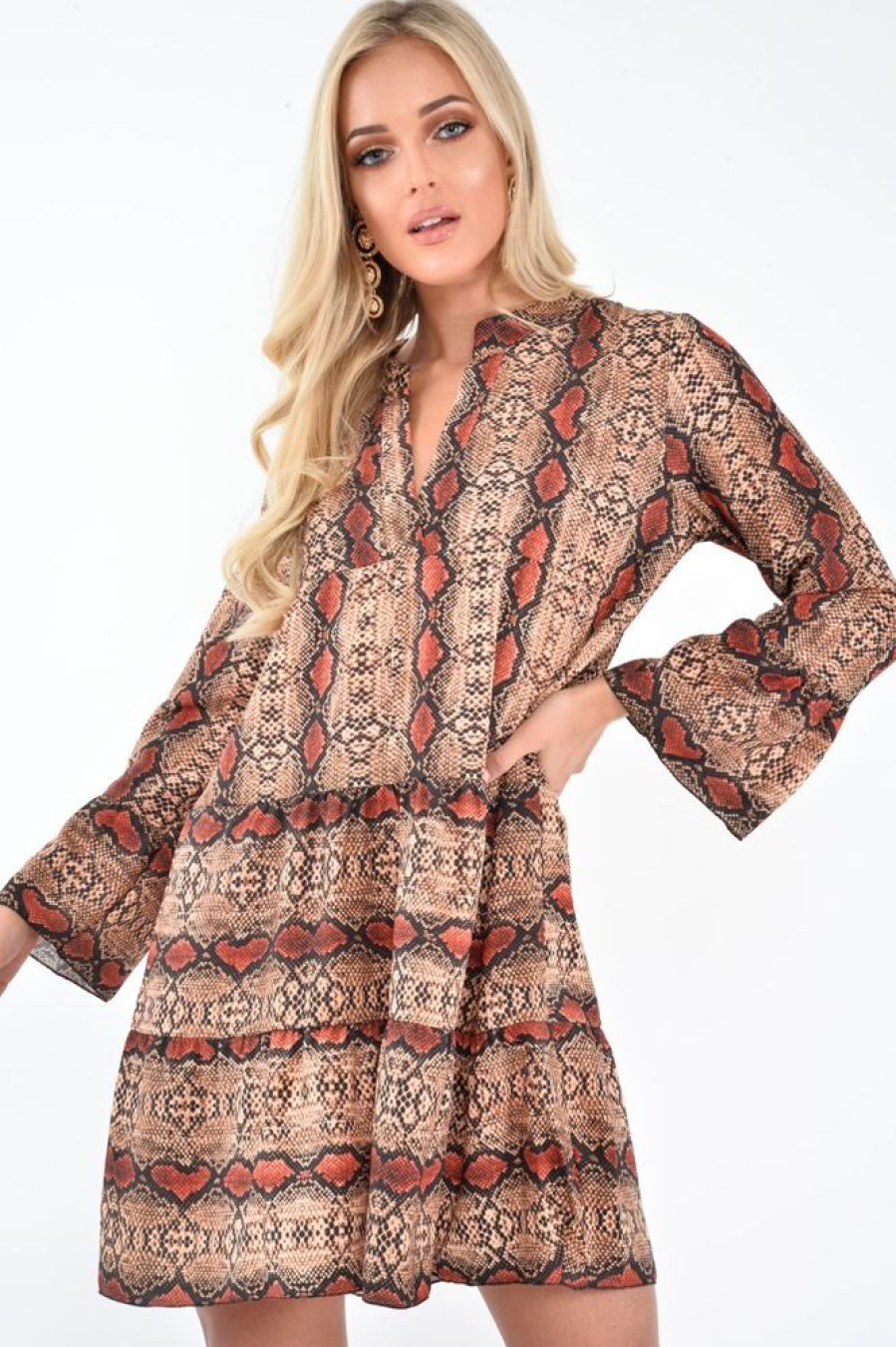 Clothing Rebellious Fashion | Brown And Red Snake Print Plunge Flute Sleeve Shift Dress - Olesya