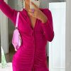 Clothing Rebellious Fashion | Hot Pink Acetate Slinky Gathered Front Shirt Dress - Gia