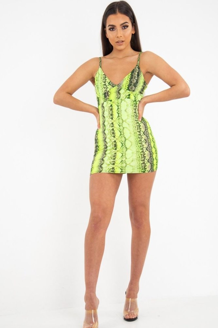 Clothing Rebellious Fashion | Lime Green Snake Print Strappy Plunge Bodycon Dress - Gilia