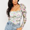 Clothing Rebellious Fashion | Blue Floral Puff Sleeve Bodysuit - Deana