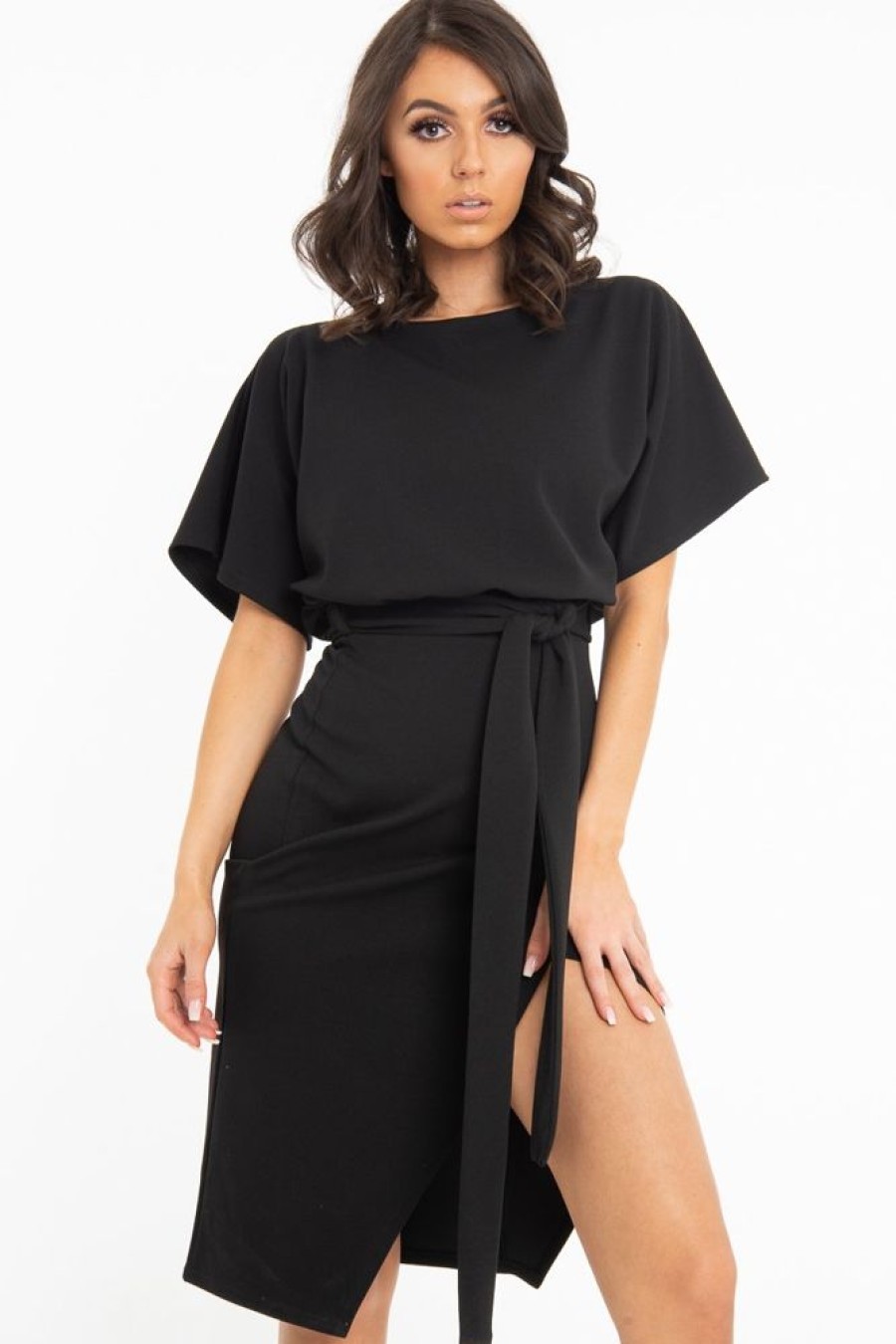 Clothing Rebellious Fashion | Black Tie Waist Front Split Batwing Dress - Ranessa