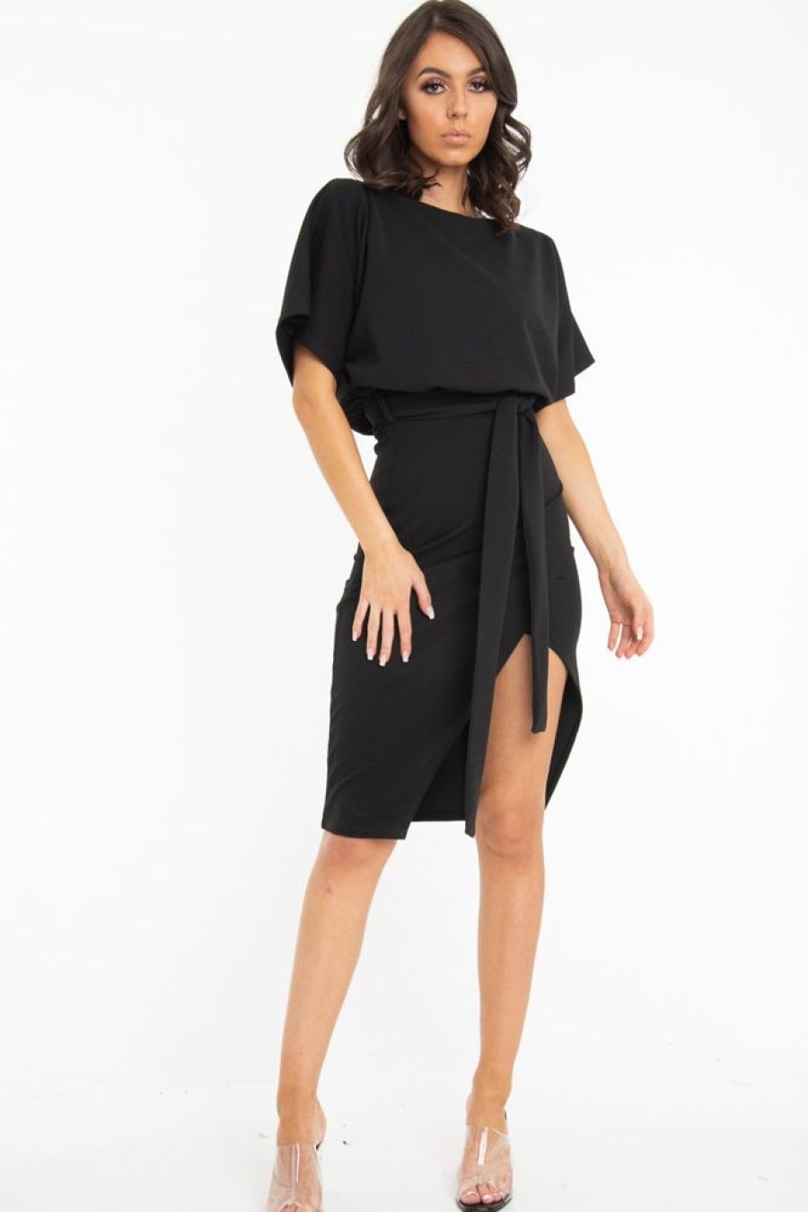 Clothing Rebellious Fashion | Black Tie Waist Front Split Batwing Dress - Ranessa