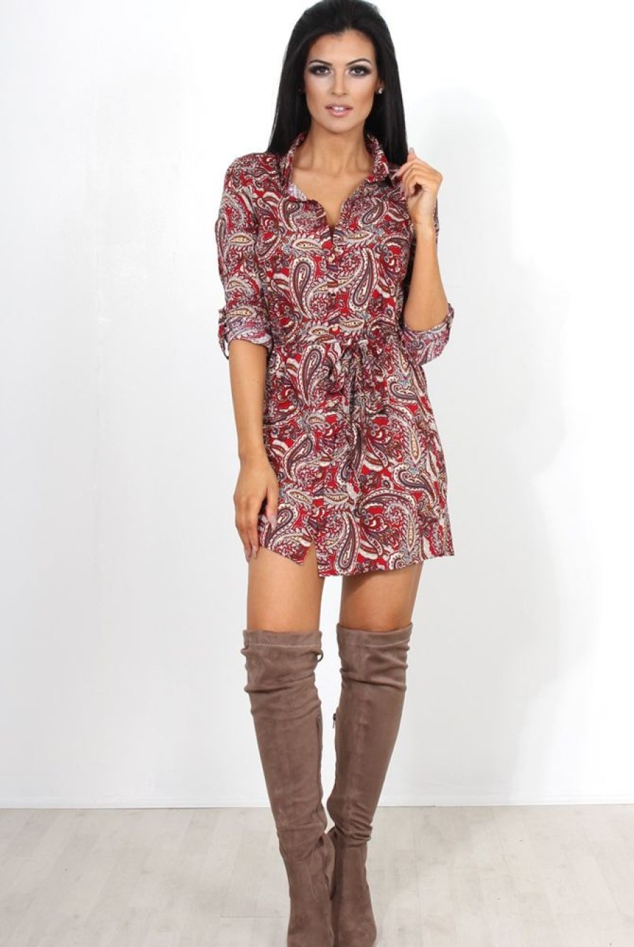 Clothing Rebellious Fashion | Mona Red Paisley Print Shirt Dress