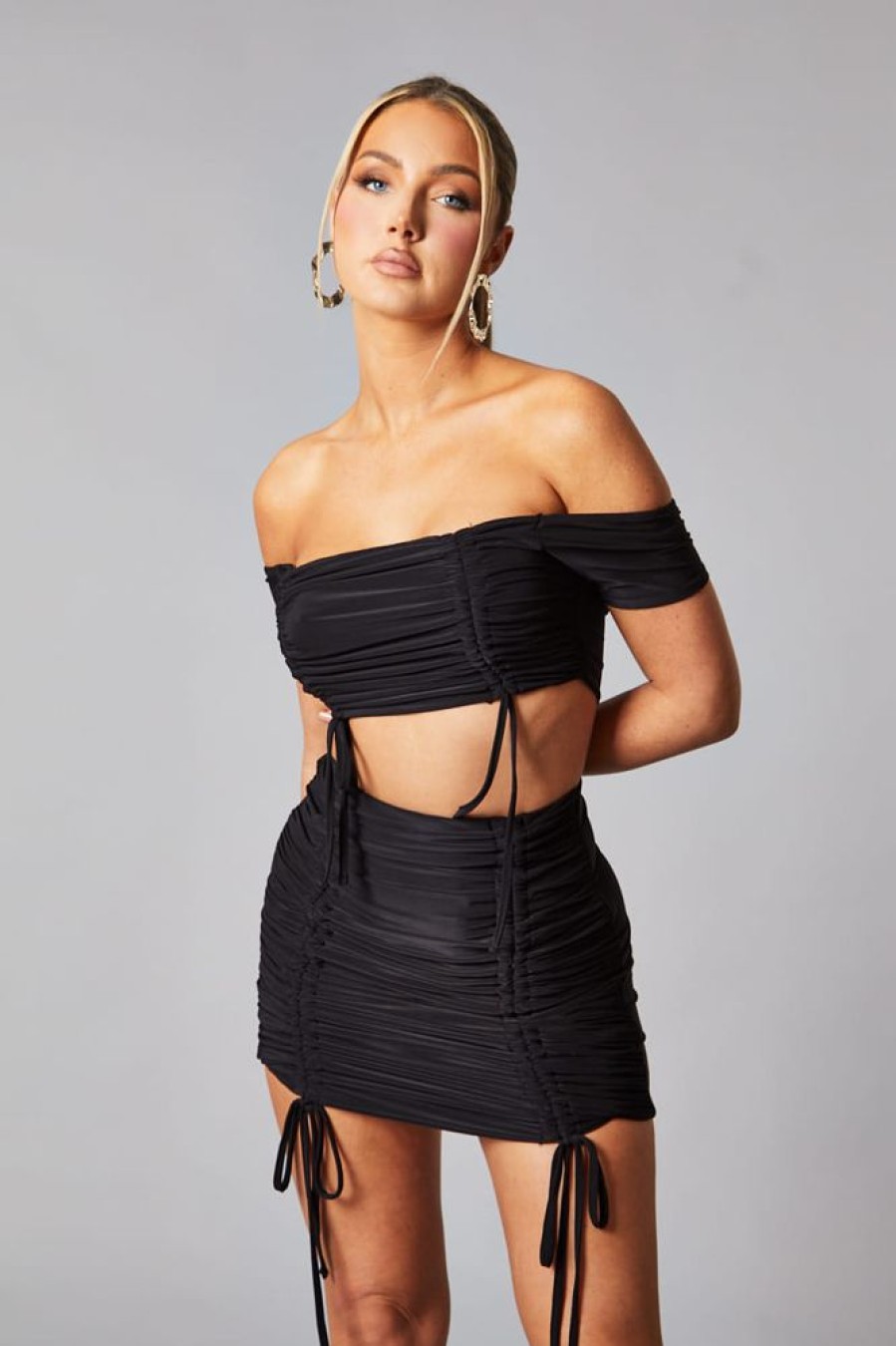 Clothing Rebellious Fashion | Black Mesh Bandeau Crop Top & Ruched Mini Skirt Set - Haru