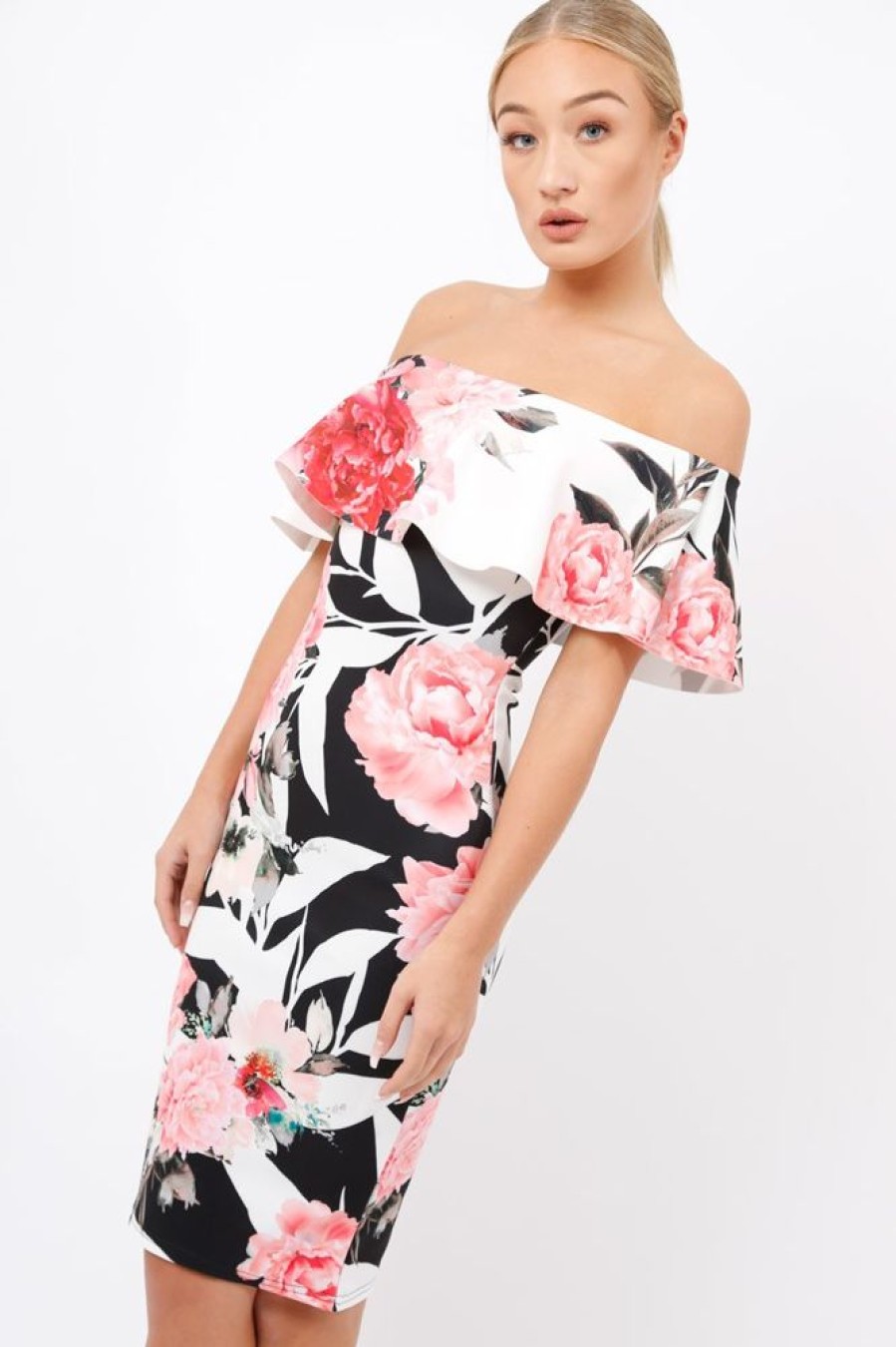 Clothing Rebellious Fashion | Black & White Floral Bardot Dress - Martina