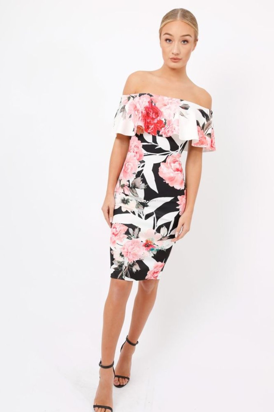 Clothing Rebellious Fashion | Black & White Floral Bardot Dress - Martina