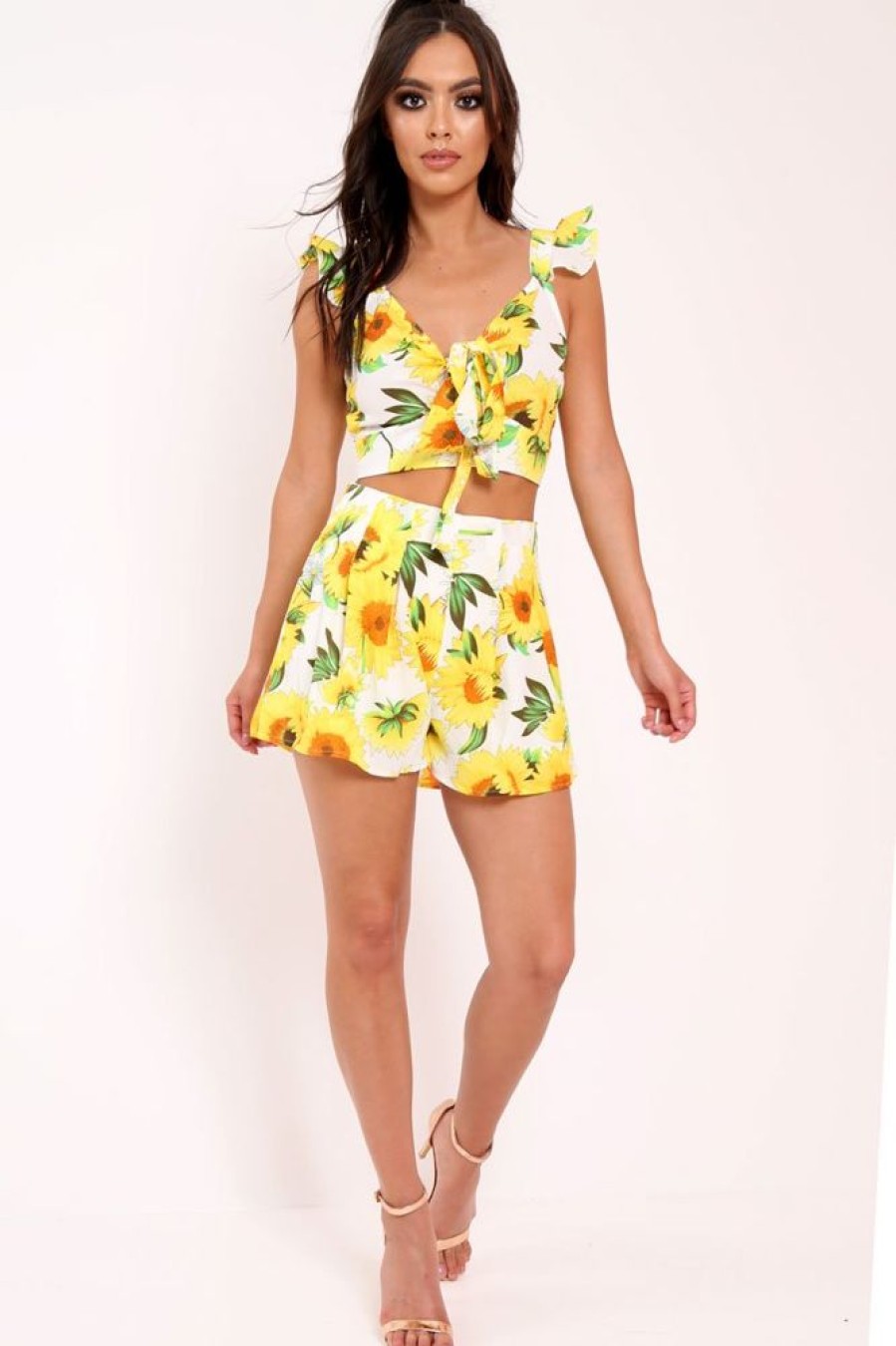 Clothing Rebellious Fashion | White And Yellow Floral Tie Front Crop Top And Short Co-Ord - Edris