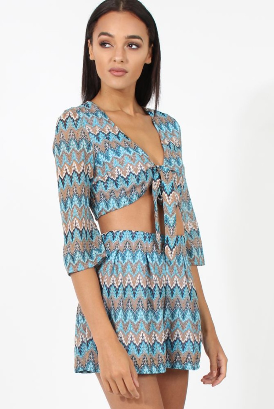 Clothing Rebellious Fashion | Blue Zig Zag Crochet Tie Front Co-Ord - Adele