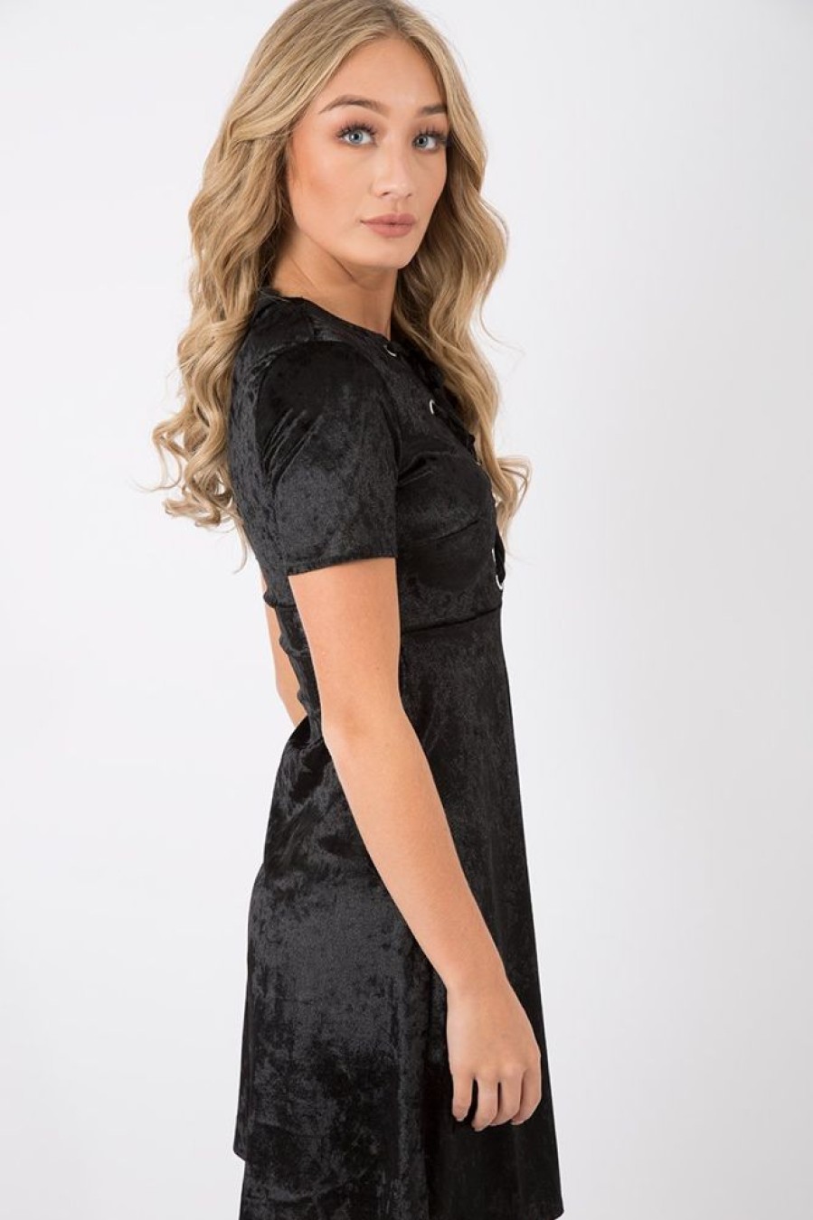 Clothing Rebellious Fashion | Black Velvet Lace Up Skater Dress - Taylah