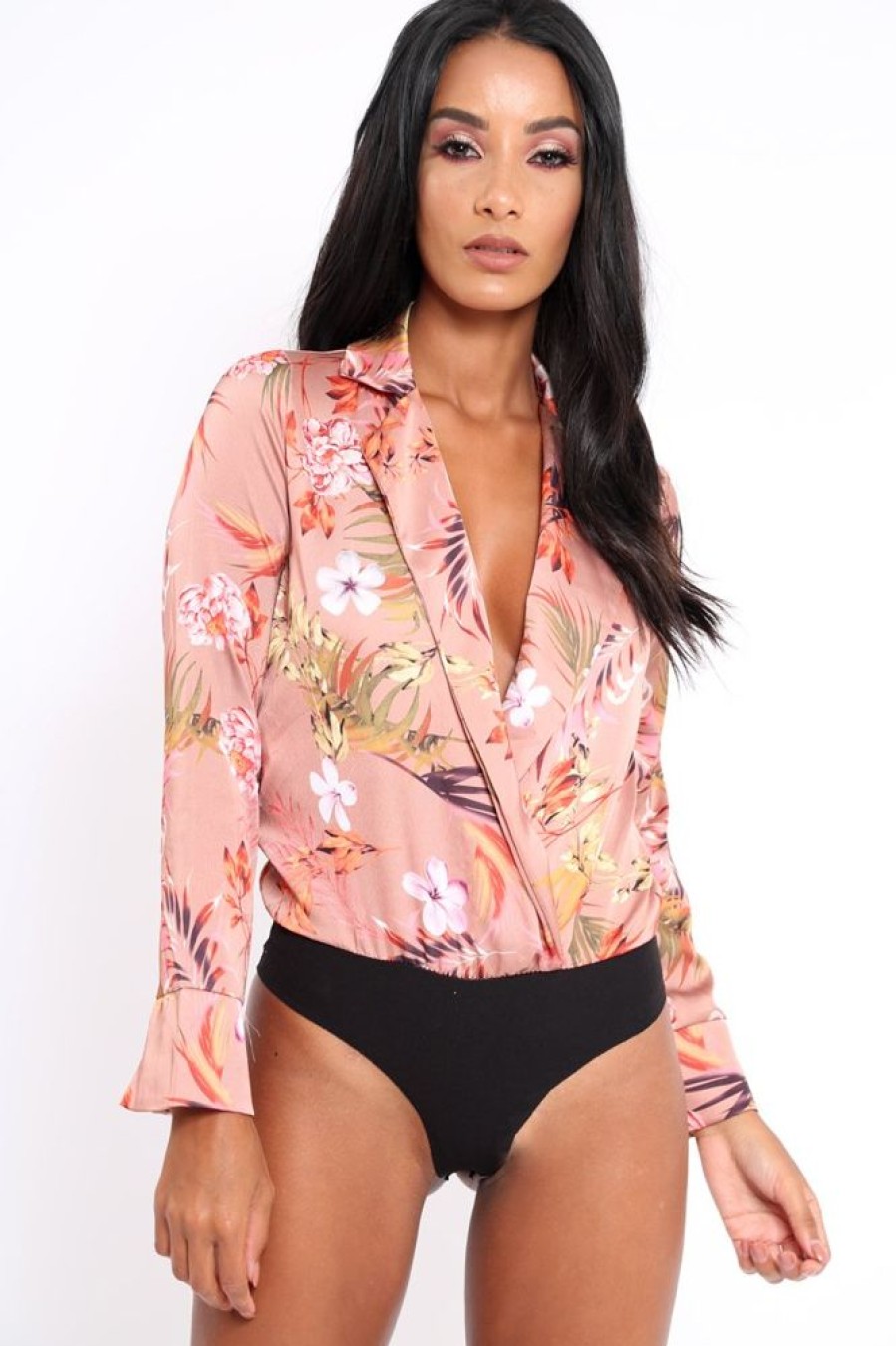 Clothing Rebellious Fashion | Camel Floral Plunge Satin Bodysuit - Rebeka