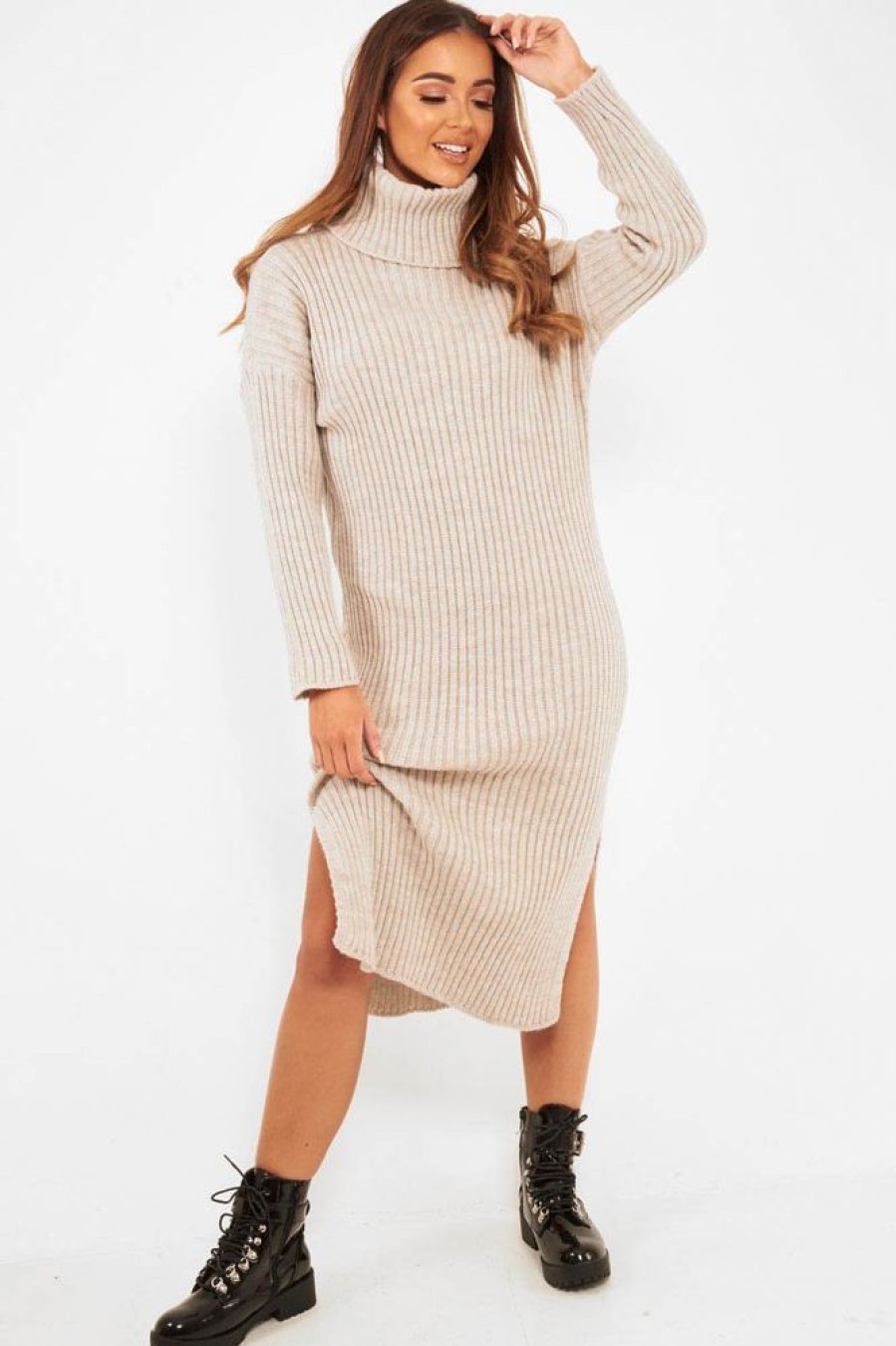 Clothing Rebellious Fashion | Beige Knitted Roll Neck Jumper Dress - Cecily