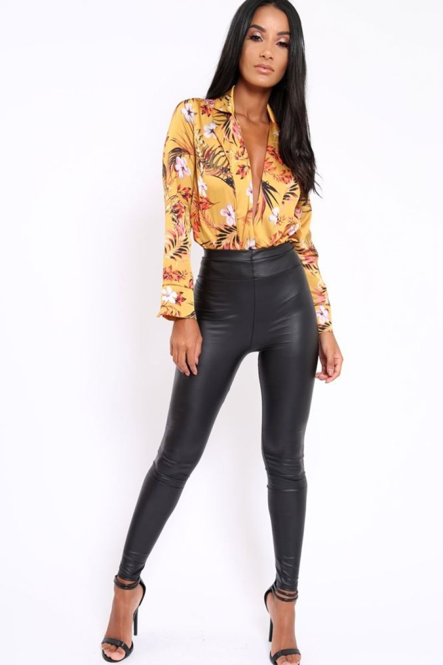 Clothing Rebellious Fashion | Mustard Floral Plunge Satin Bodysuit - Rebeka