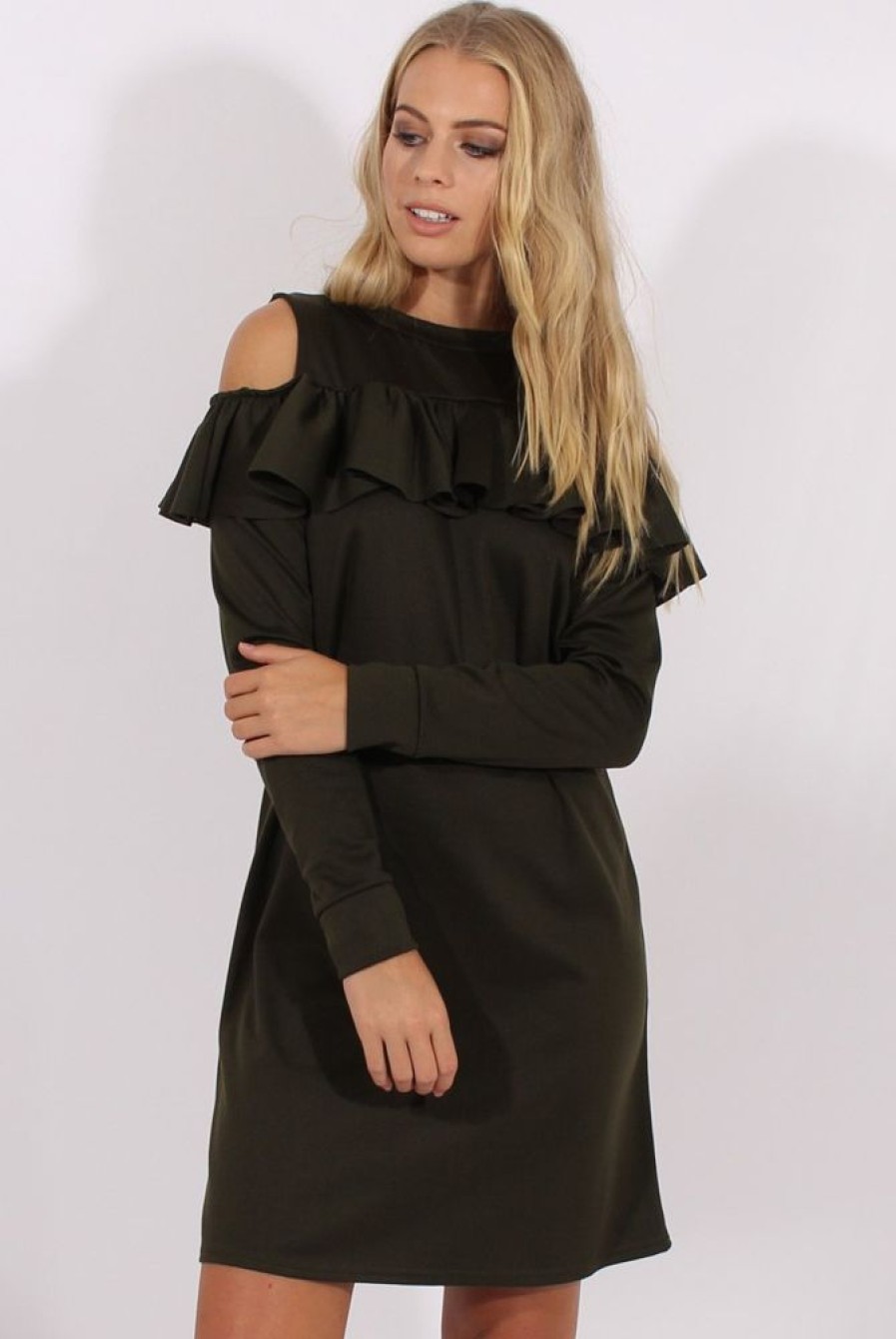 Clothing Rebellious Fashion | Khaki Cold Shoulder Frill Layer Swing Dress - Megan