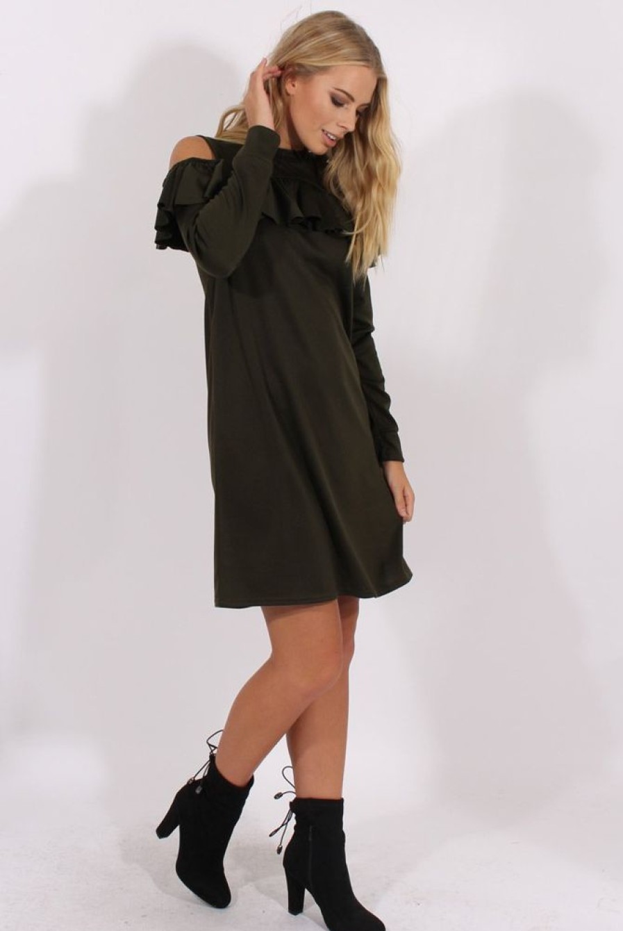 Clothing Rebellious Fashion | Khaki Cold Shoulder Frill Layer Swing Dress - Megan