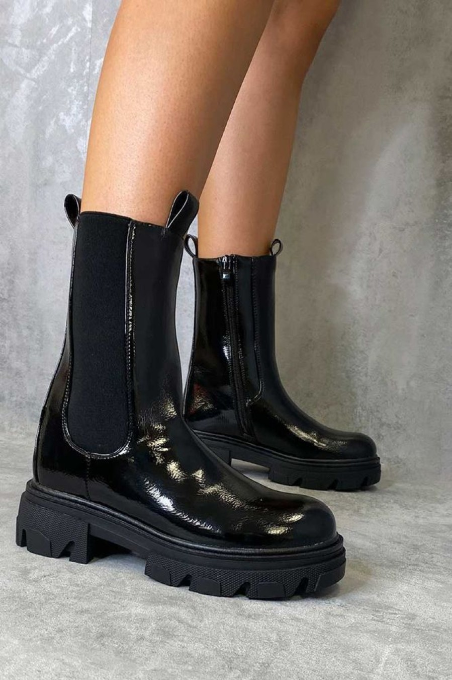 Shoes Rebellious Fashion | Black Patent High Chelsea Boot - Kittie