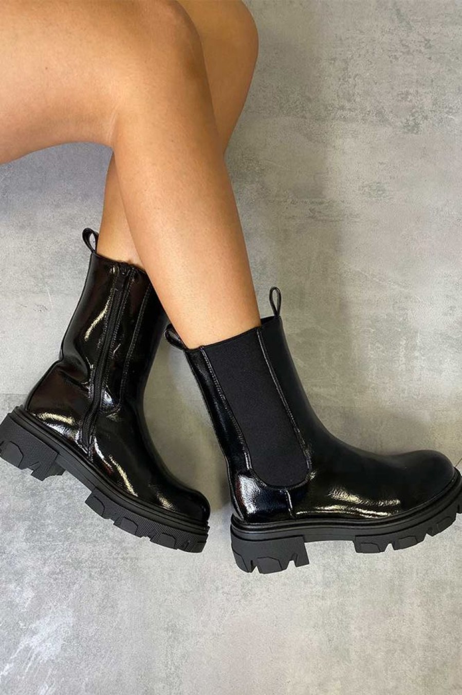 Shoes Rebellious Fashion | Black Patent High Chelsea Boot - Kittie