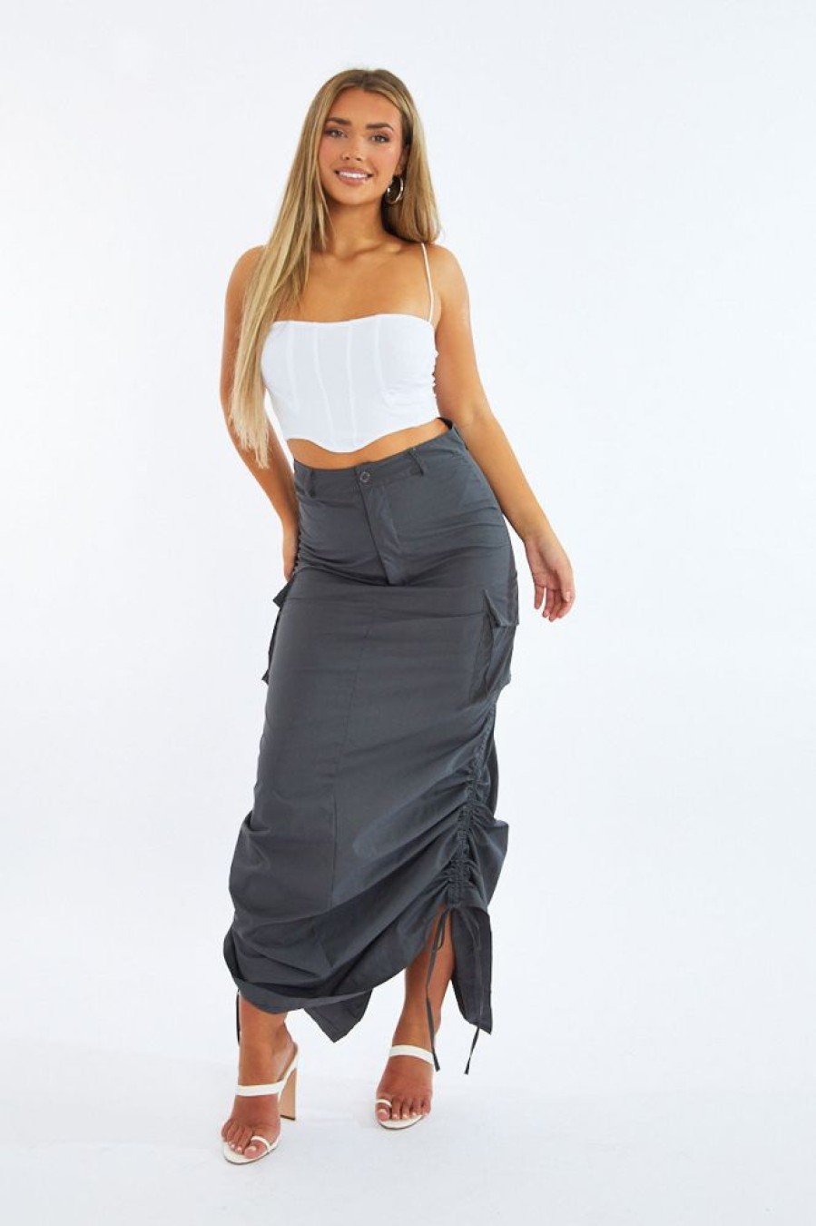 Clothing Rebellious Fashion | Grey Cargo Side Ruched Maxi Skirt - Nikita