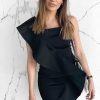 Clothing Rebellious Fashion | Black Scuba One Shoulder Ruffle Front Dress - Kyomi