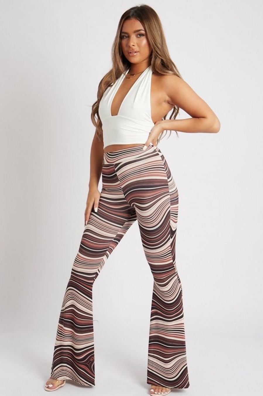 Clothing Rebellious Fashion | Brown Stripe Print Ruched Bum Flared Trousers - Katharina