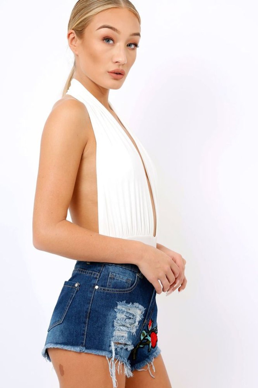 Clothing Rebellious Fashion | White Plunge Halterneck Bodysuit - Lona