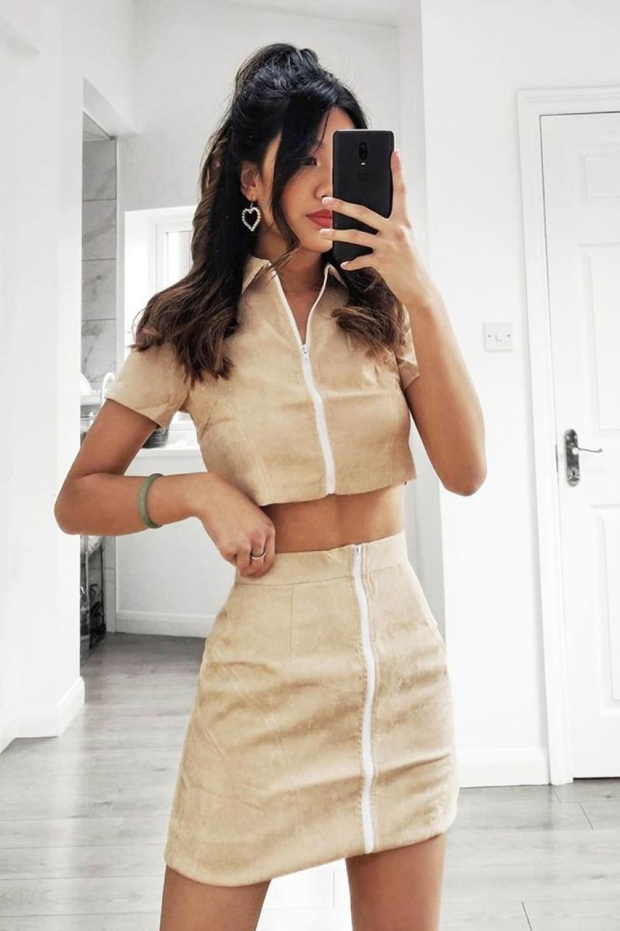 Clothing Rebellious Fashion | Beige Cord Zip Polo Top And Mini Skirt Co-Ord - Iriana