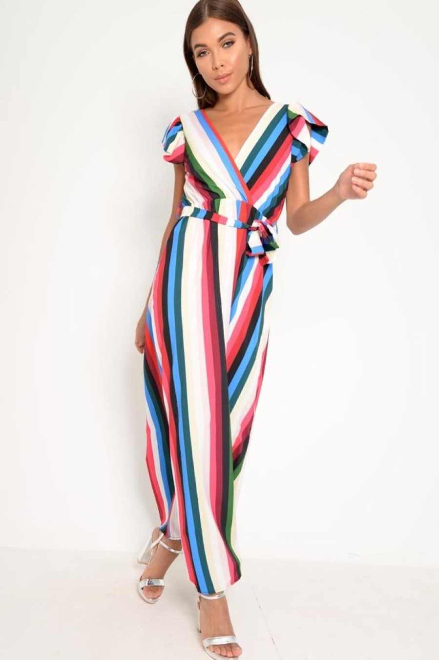 Clothing Rebellious Fashion | White Green And Blue Plunge Wrap Belted Maxi Dress - Carri