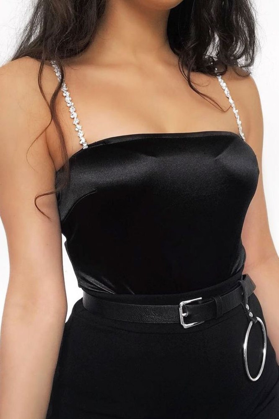 Clothing Rebellious Fashion | Black Satin Diamante Strap Bodysuit - Abbielee