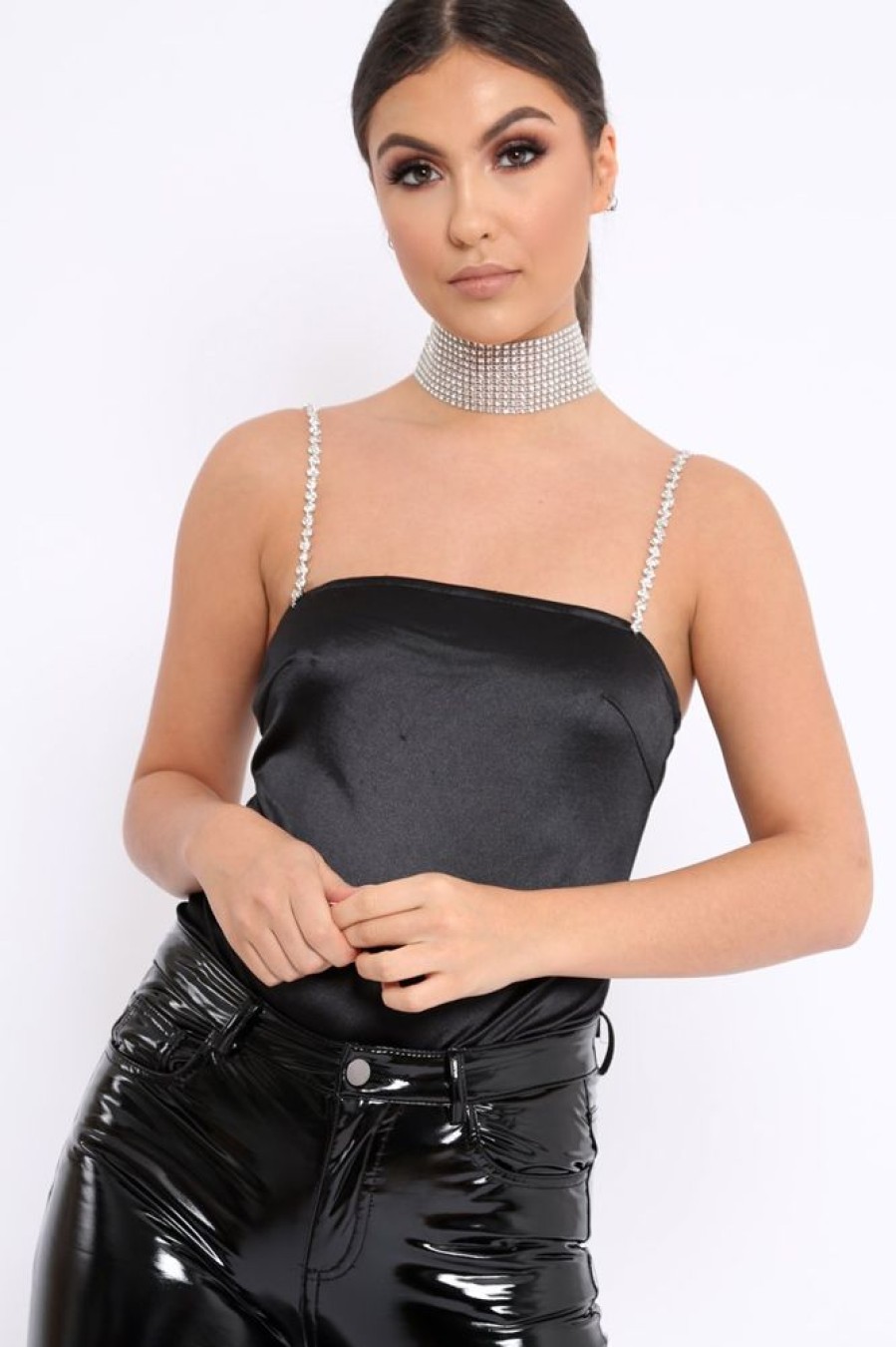 Clothing Rebellious Fashion | Black Satin Diamante Strap Bodysuit - Abbielee