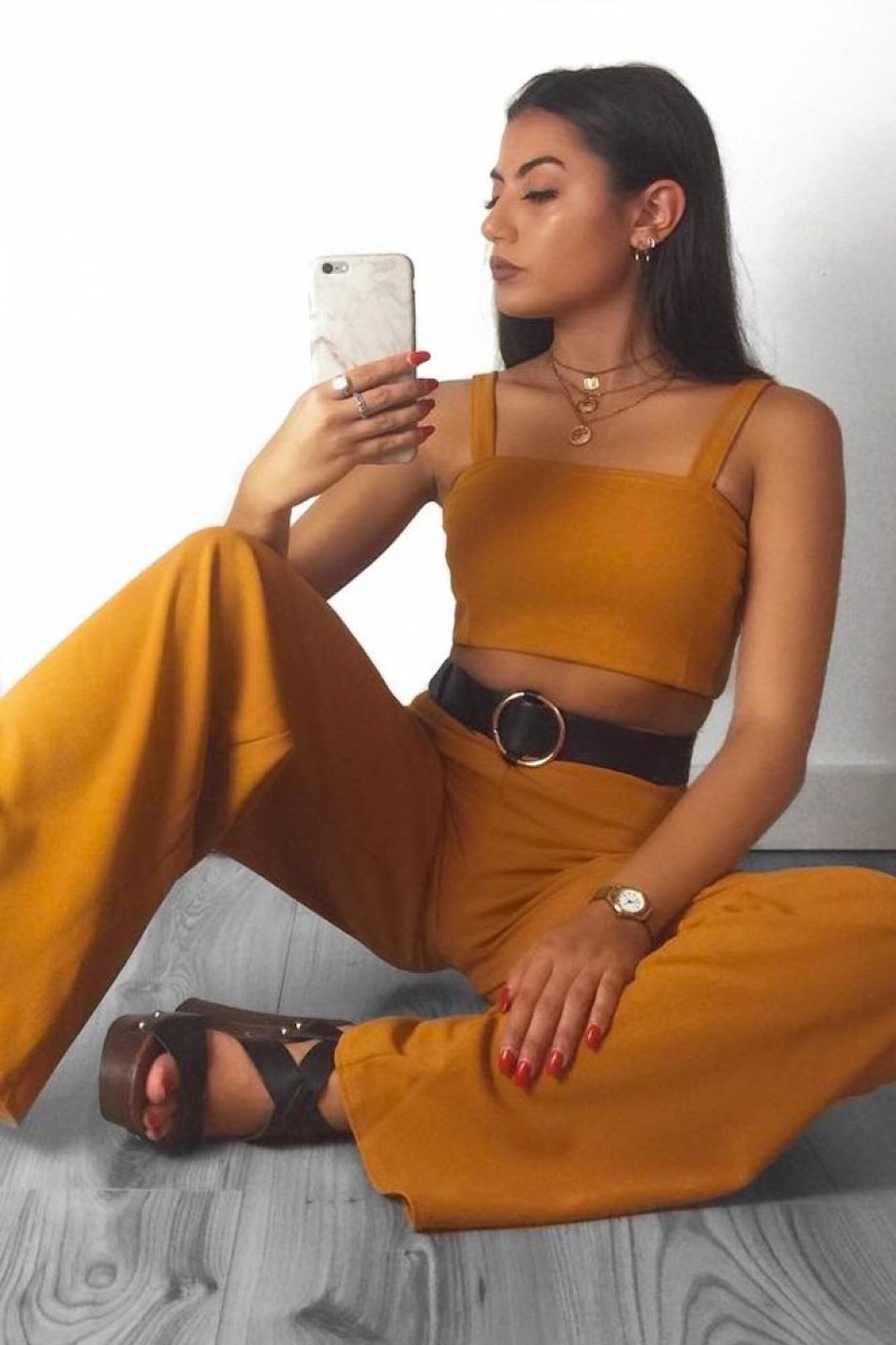 Clothing Rebellious Fashion | Dark Mustard Crop Top And Trousers Co-Ord Set - Kimmy