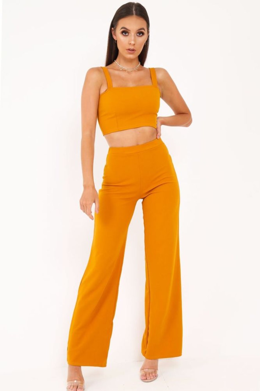 Clothing Rebellious Fashion | Dark Mustard Crop Top And Trousers Co-Ord Set - Kimmy