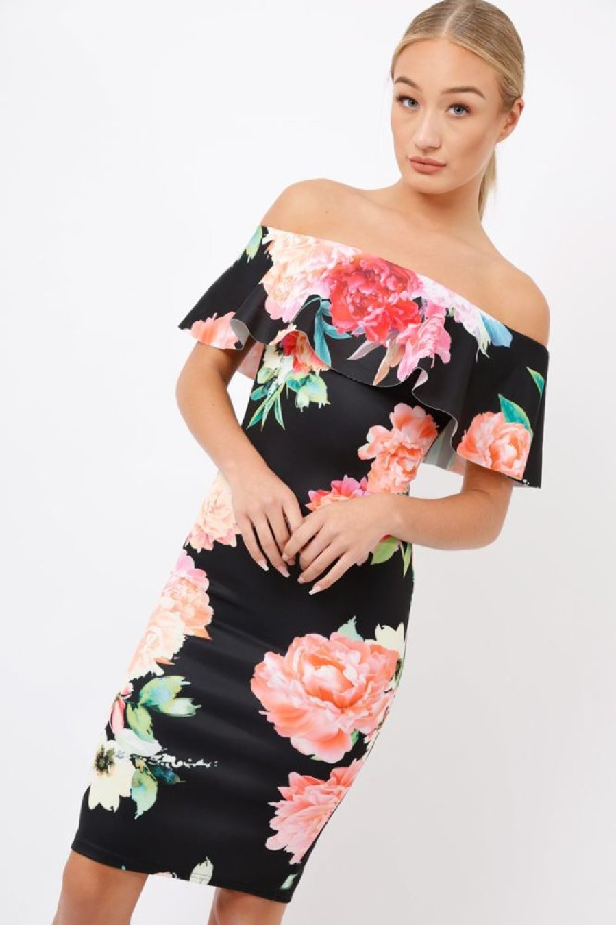 Clothing Rebellious Fashion | Black Floral Bardot Dress - Martina