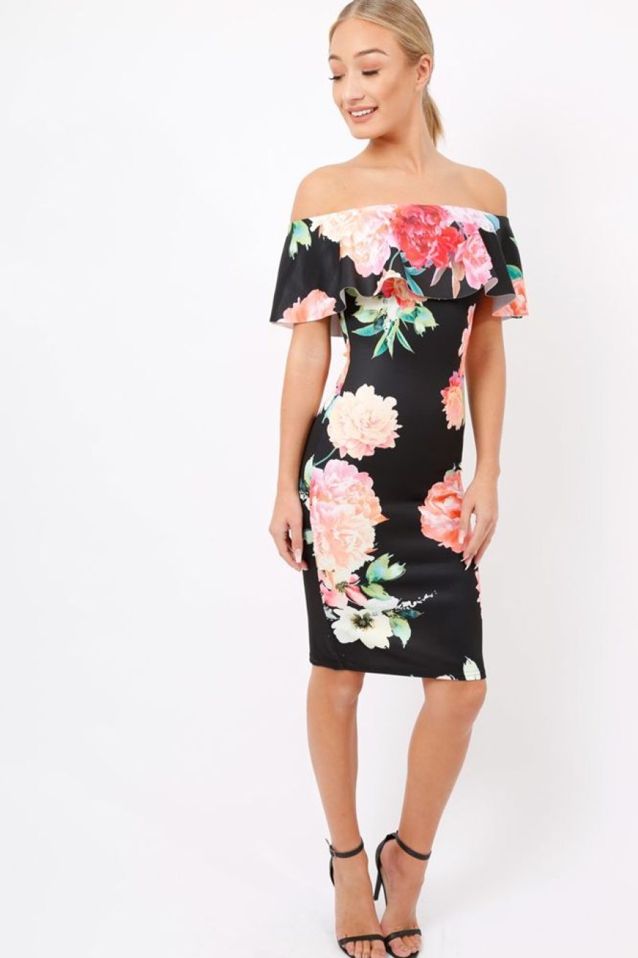 Clothing Rebellious Fashion | Black Floral Bardot Dress - Martina