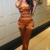 Clothing Rebellious Fashion | Rust Satin Straight Leg Trousers - Rose