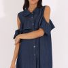 Clothing Rebellious Fashion | Dark Blue Cold Shoulder Denim Dress - Torrie