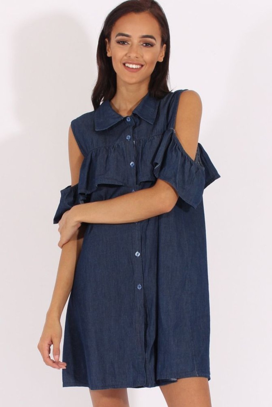 Clothing Rebellious Fashion | Dark Blue Cold Shoulder Denim Dress - Torrie